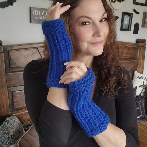 Handmade Accessories - Hand Knit Fingerless Gloves, Armwarmers in Blue Yarn, Womens "Sapphire Sky"